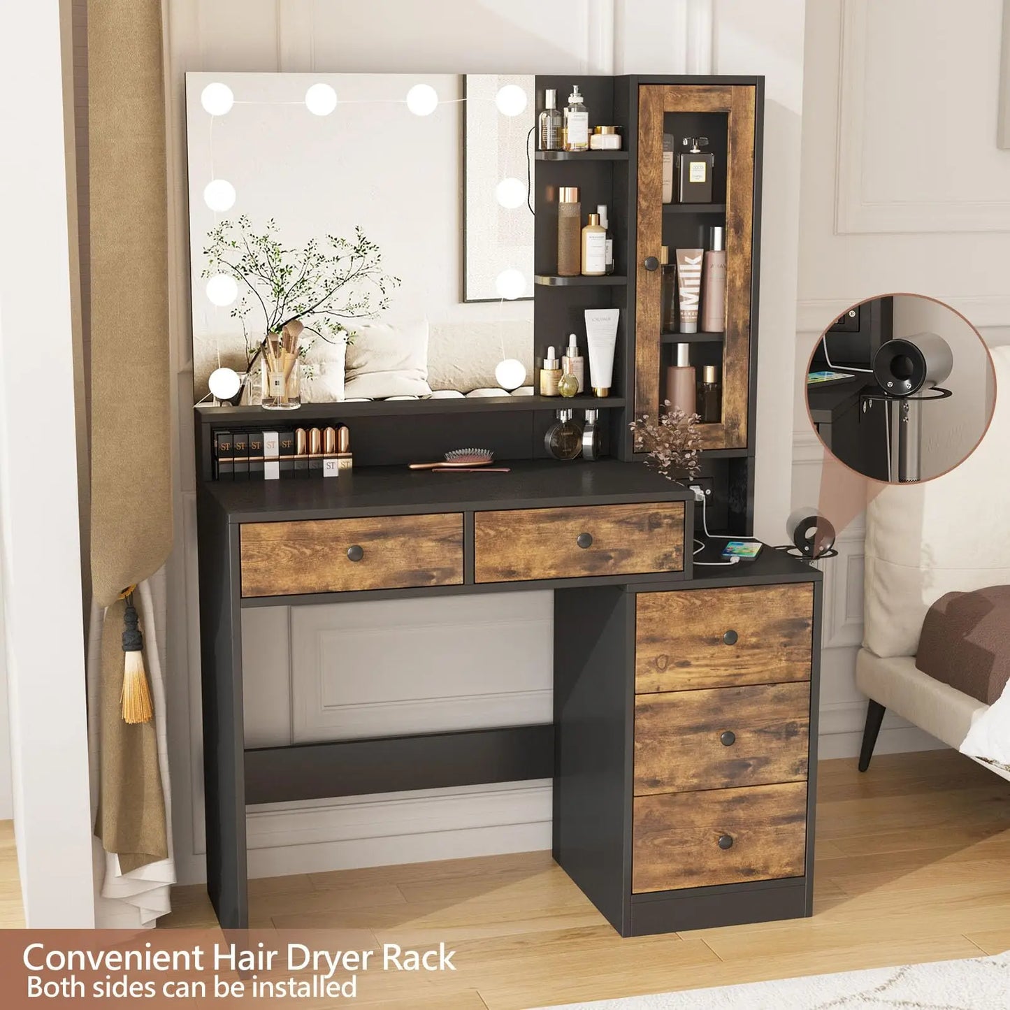 Vabches Vanity Desk with Mirror Lights Makeup Vanity Table with Power Strip&Visible Storage Cabinet Wood 5 Drawer Dressing Table