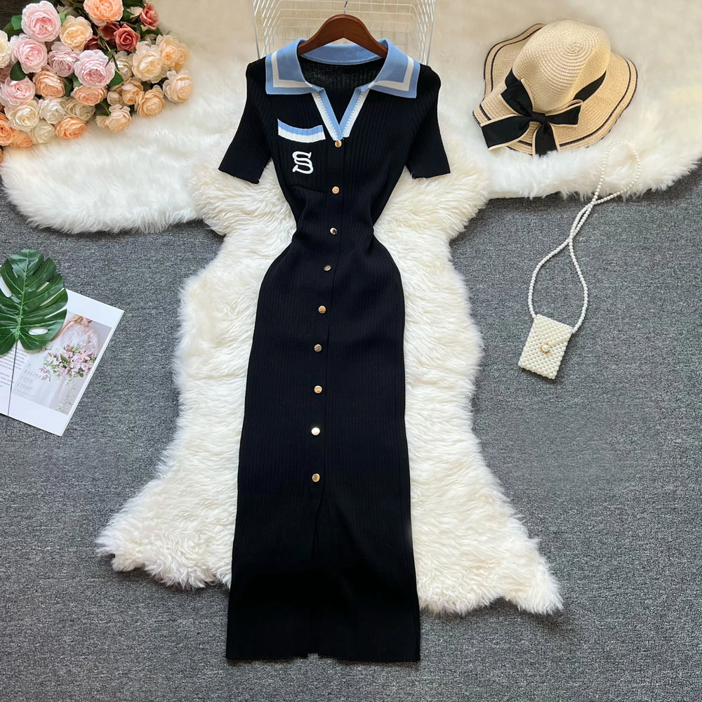 YuooMuoo Chic Fashion Sexy Package Hips Knitted Long Dress Women Brand Fashion Turn-down Collar Embroidery Bodycon Shirt Dress
