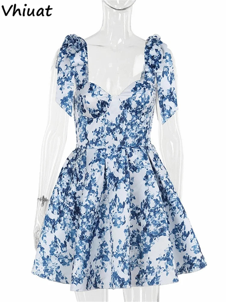 Vhiuat Blue Floral Print Cute Elegant Off Shoulder Mini A-Line Dress Lace Up Fashion Women Party Evening Dresses Summer 2024