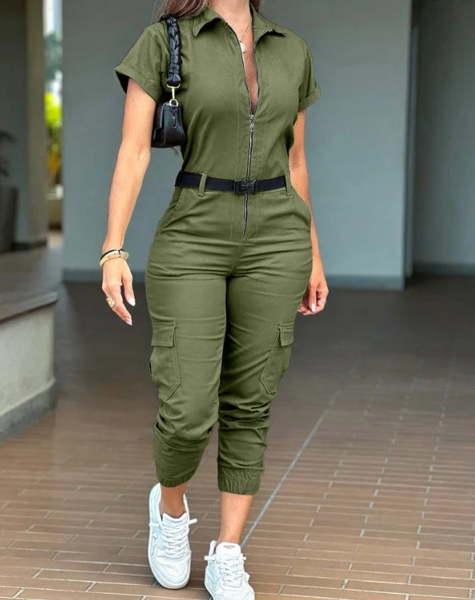 Sexy Elegant New Fashion 2024 Summer Casual Female Clothing Outfits Solid Color Short Sleeved High Waisted Workwear Jumpsuit