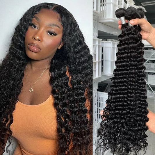 Queenlike Deep Wave Human Hair Bundles 24 26 28 inch Deep Curly Bundles 100% Human Hair for Women Brazilian Raw Hair Extensions