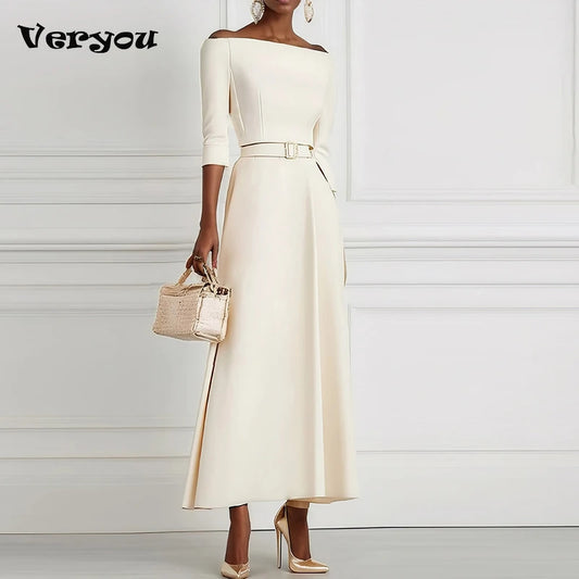 Elegant Party Dresses For Women One Shoulder Half Sleeve High Waisted A-Line Long Dress Women Offfice Dress White