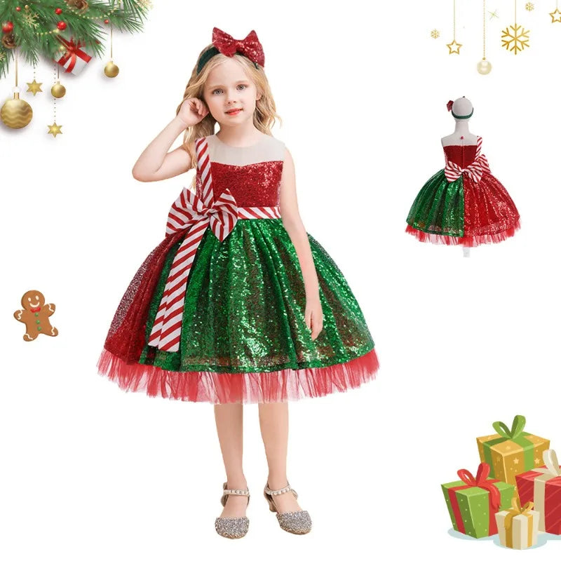 Christmas Cosplay Princess Dress Children Red New Year Carnival Clothes Girls Cartoon Xmas Tree Role Play Outfit Cute Costume