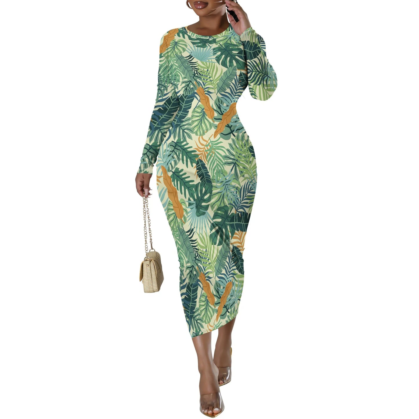 Date Night Dresses for Women Floral Print Crewneck Long Sleeve Stretchy Fitted Bodycon Maxi Dress