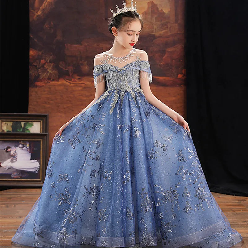 Girl Elegant Off Shoulder Dress Fashion Runway Show Luxurious Princess Dresses for Girls Birthday Party Long Kids Vestidos
