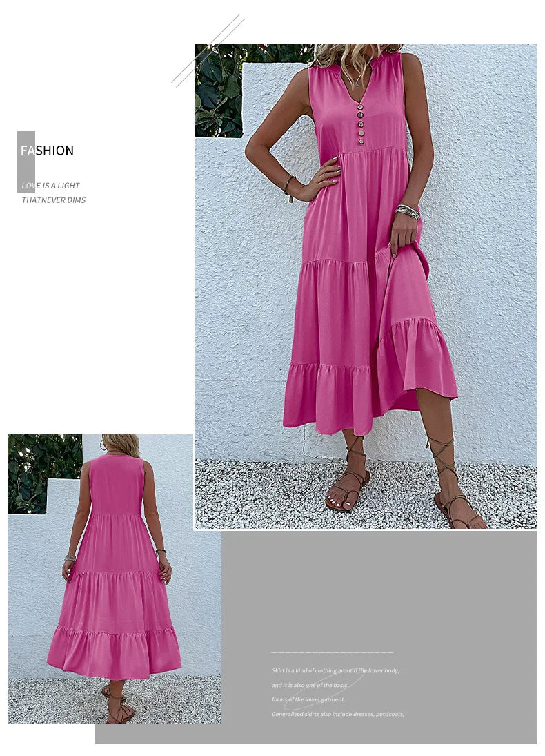 Dresses for Women 2025 Summer V-neck Single-breasted Vest Dress Sleeveless Loose Casual Solid Color Dress Vestidos De Mujer