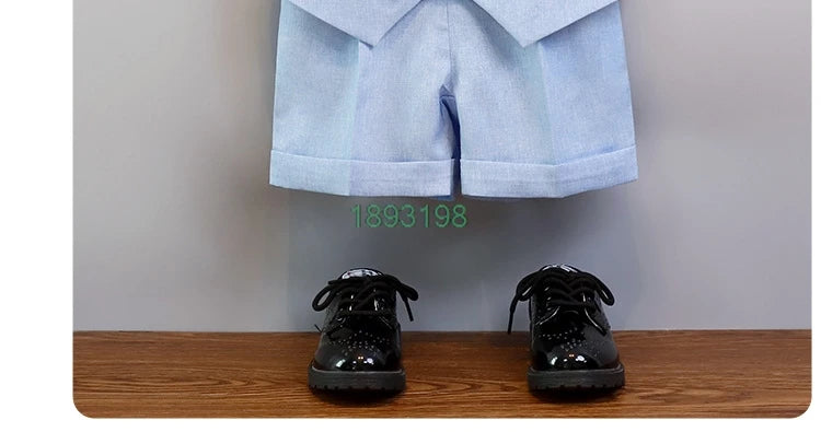 Children's Summer Blue Vest Dress Suit Boy Birthday Party Performance Photography Costume Kids Waistcoat Shorts Bowtie Outfit
