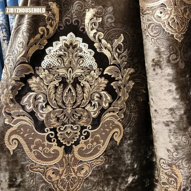 European Curtains for Living Room Dining Bedroom High Window Elegant Palace Luxury Print Velvet Curtain Carved Gold Curry Villa