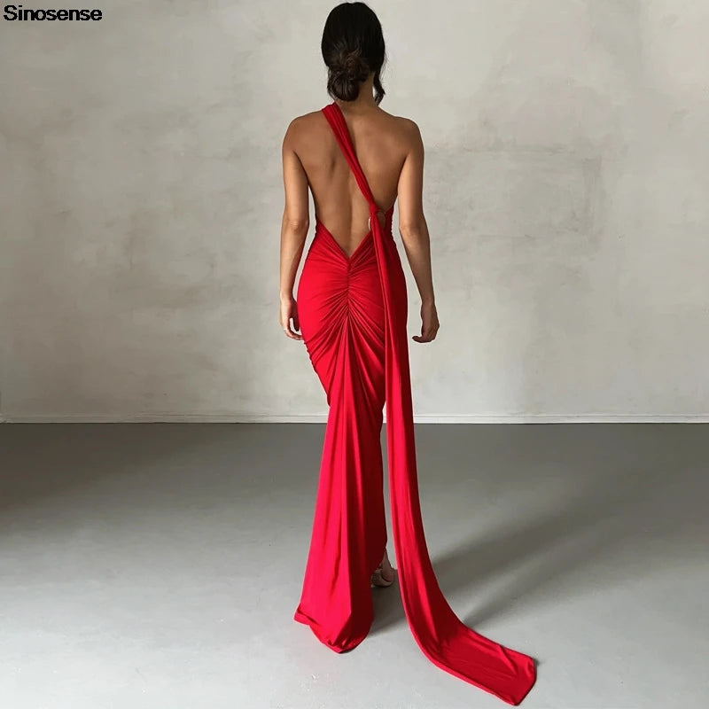 Womens Elegant Evening Party Cocktail Long Dress Sexy Backless Open Back Ruched Slim Bodycon Formal Wedding Guest Maxi Dress