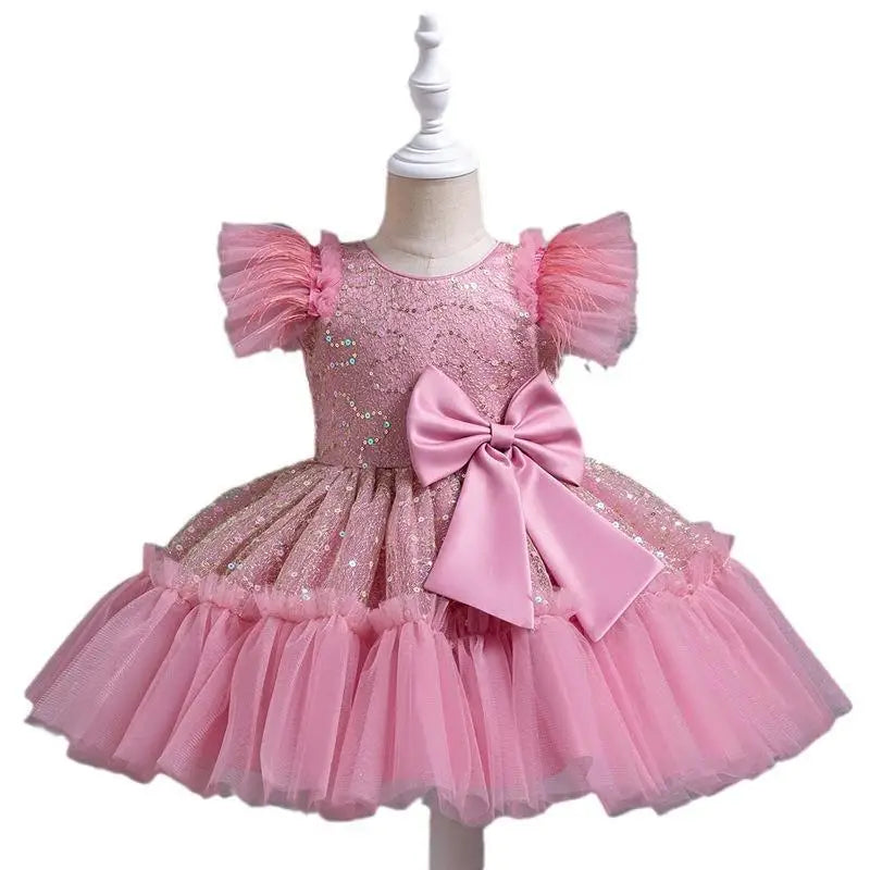 Summer New Girl's Sequin Flying Sleeves Big Bow Mesh Spliced Dress Birthday Party Wedding Flower Girl Princess Dress