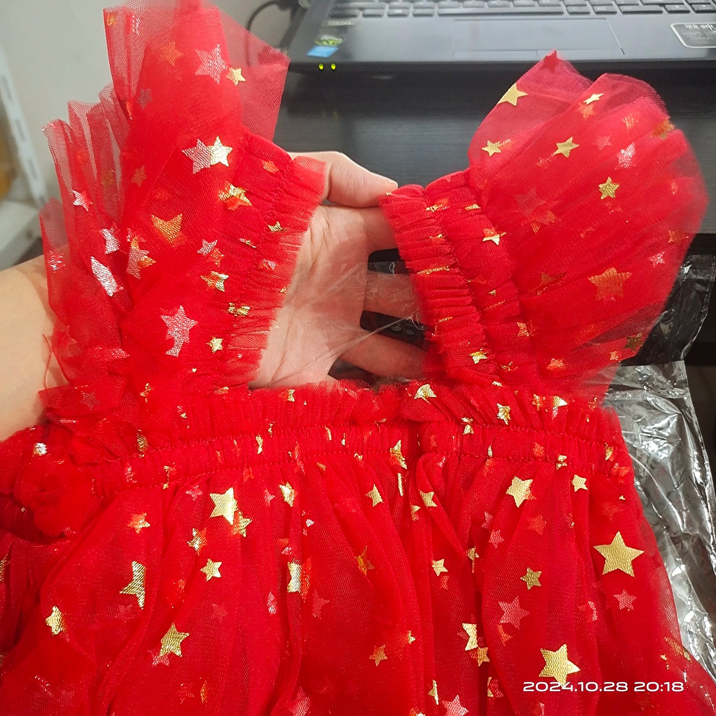 Christmas 2025 Girls Cute Fly Sleeve Star Printed Mesh Puffy Dress Halloween Children Party Photograph Princess Dress 1-6T