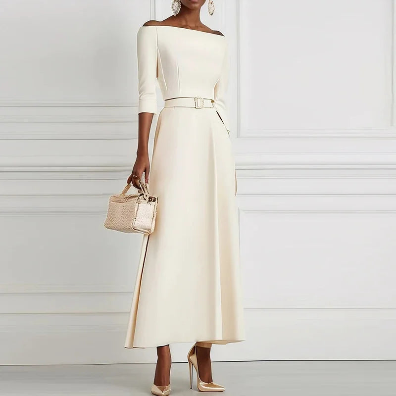 Elegant Party Dresses For Women One Shoulder Half Sleeve High Waisted A-Line Long Dress Women Offfice Dress White