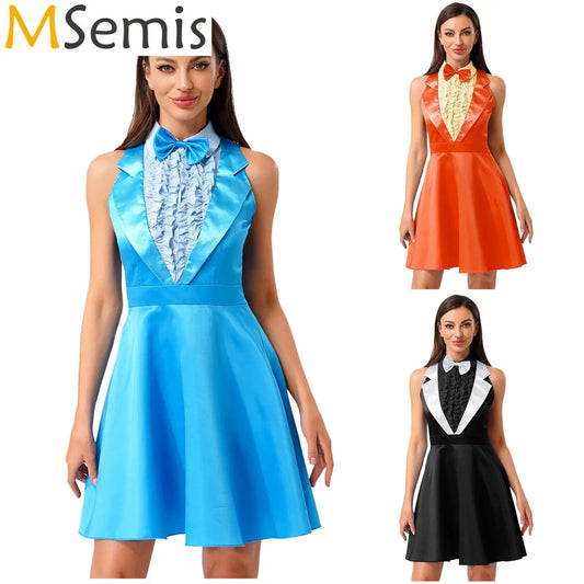 Womens 70s 80s Dumber Maid Dresses Lapel Ruffled Chest A-line Dress And Bowtie Rave Outfits Halloween Waitress Cosplay Costume