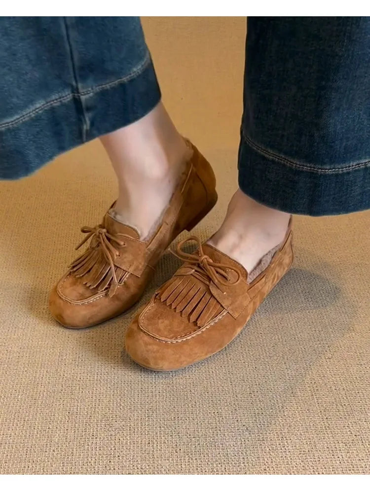 Boots for Women 2025 Hot Sale Warm Women's Flats Daily Casual Flats Women Bow Tie Fringe Round Toe Soft Bottom Boots Ladies