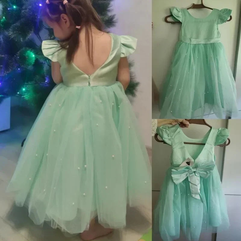 Toddler Girl 1st Birthday Tulle Dress Backless Bow Beading Gown Kids Christmas Wedding Party Princess Dress Baby Girl Dresses