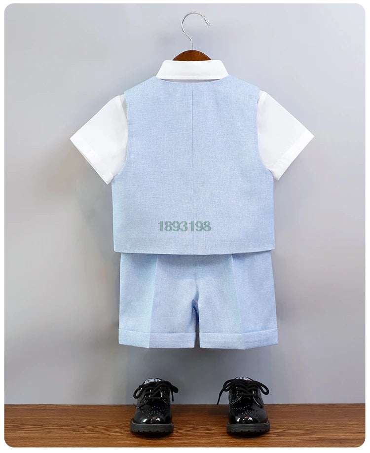 Children's Summer Blue Vest Dress Suit Boy Birthday Party Performance Photography Costume Kids Waistcoat Shorts Bowtie Outfit