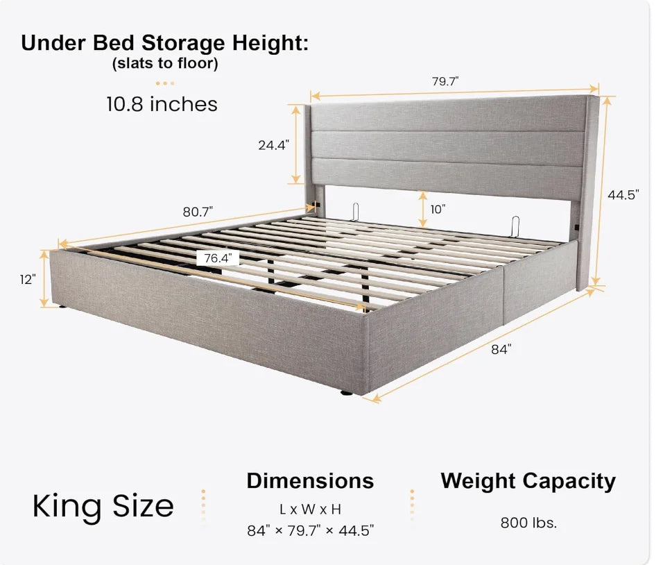 King Size Lift Up Storage Bed/Modern Wingback Headboard/Upholstered Platform Bed Frame/Hydraulic Storage/No Box Spring Needed/Wo