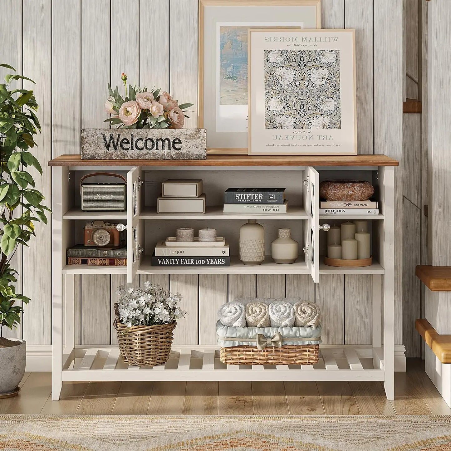 Vabches Entryway Table with 2 Screen Doors&5 Open Storage Shelves&Sturdy Legs White Wood Console Table for Living Room Hallway