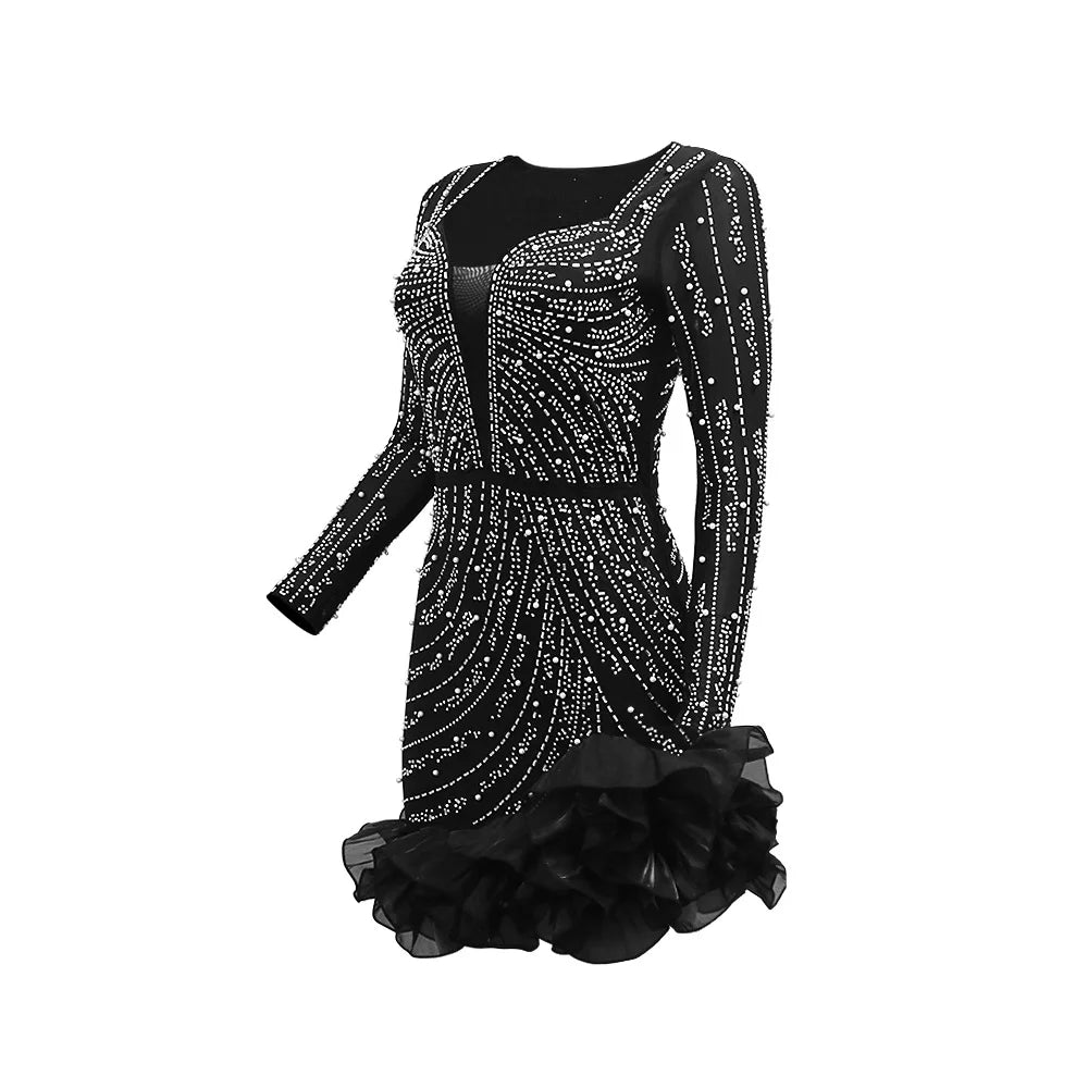 Women Dress Diamonds Splice Ruffles Mini Dresses Square Collar Full Sleeve Slim Fit Sold Evening Party Vestidos Elegant Ladies