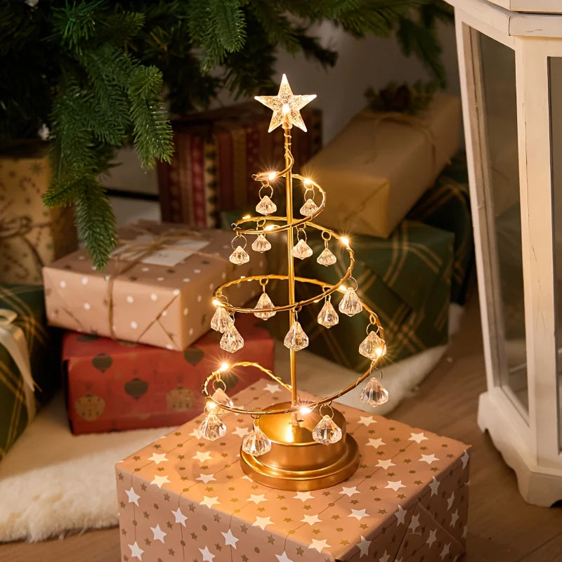 Elegant Metal Christmas Tree with Warm White Sturdy Base and  Crystal Ornaments Christmas Tree Lamp for Festive or Ideal Gift