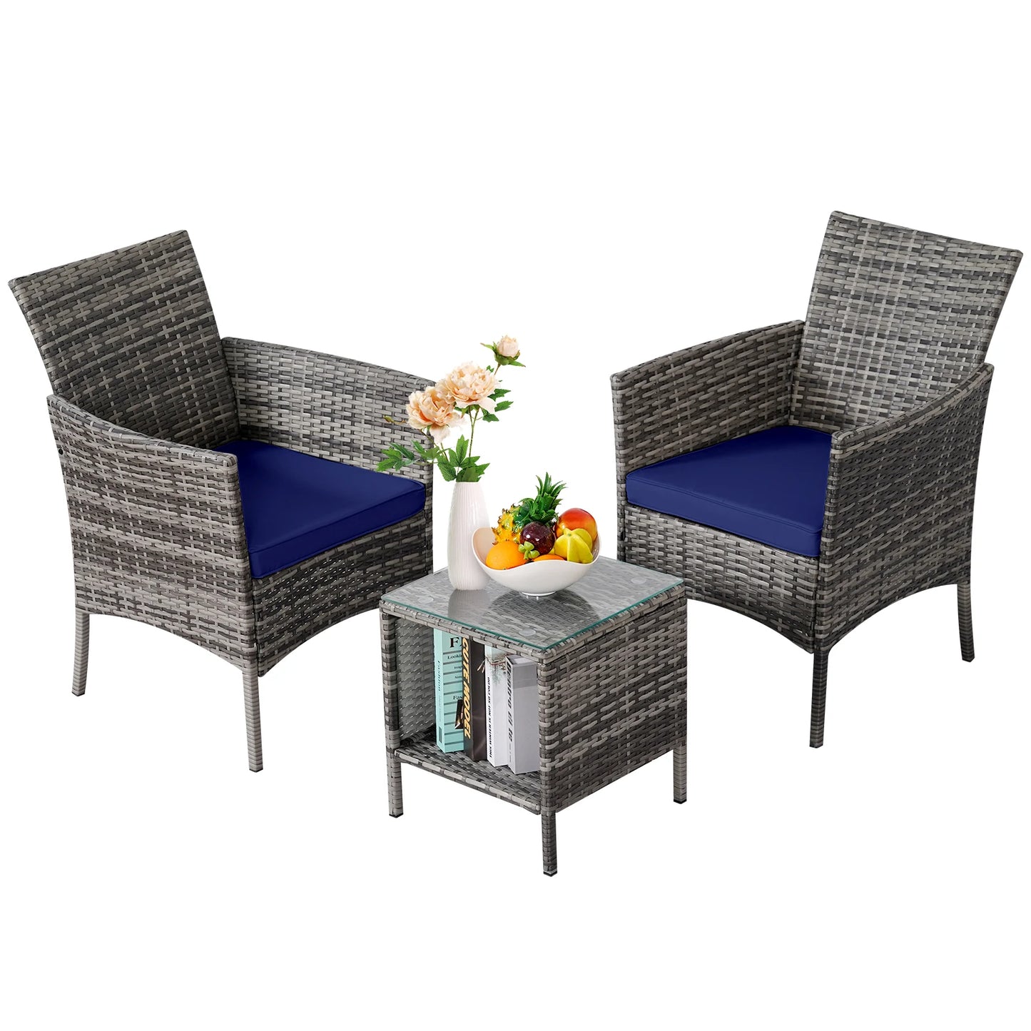 NAGA BAHNA 3-Piece Bistro Set Outdoor Patio Furniture Rattan Chairs Table Soft Cmats Tempered Glass Durable Comfortable Garden