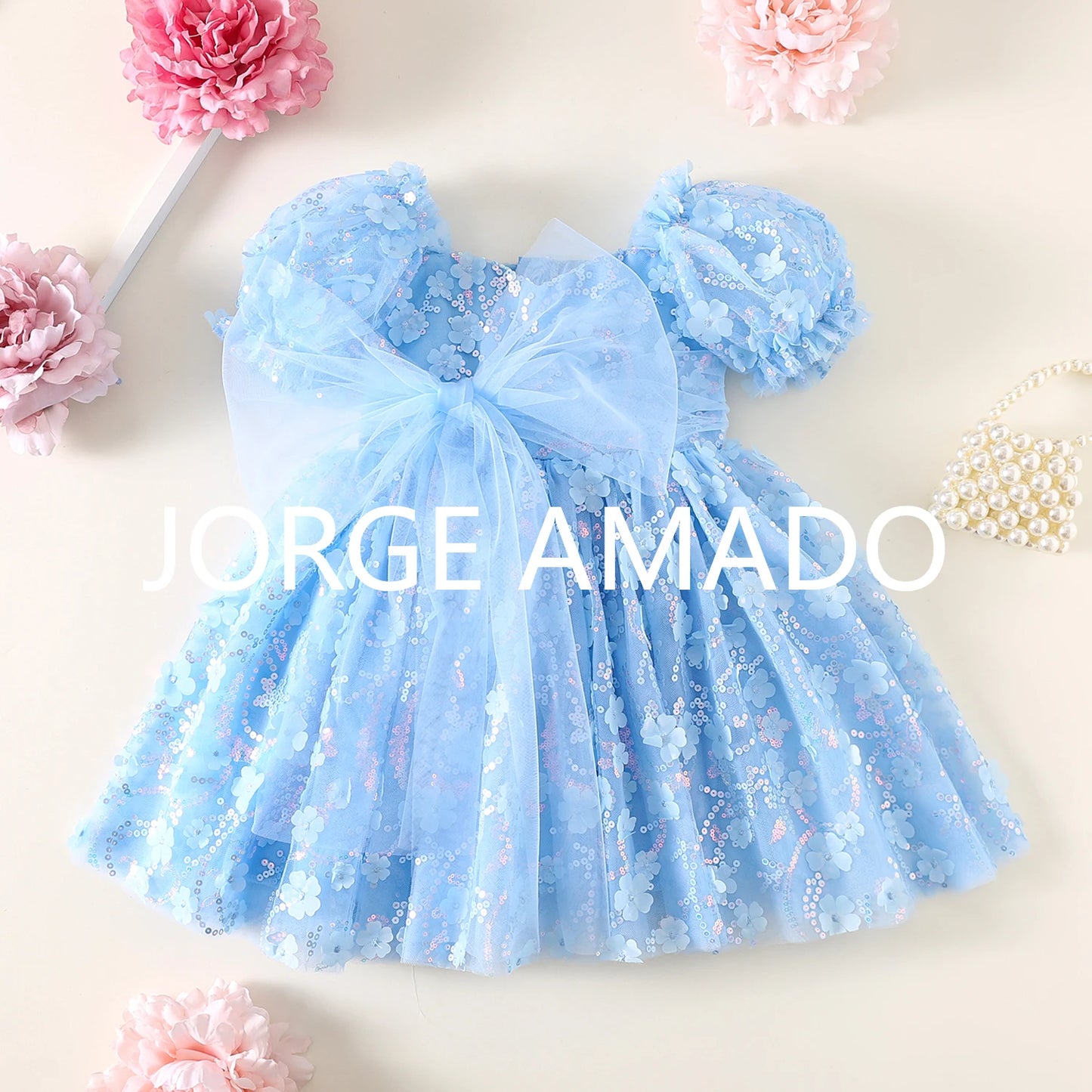 New Summer Teenager Girl's Dress Short Puff Sleeves Square Collar Appliques Large Bow Sequin Mesh Princess Lovely Clothing H7004