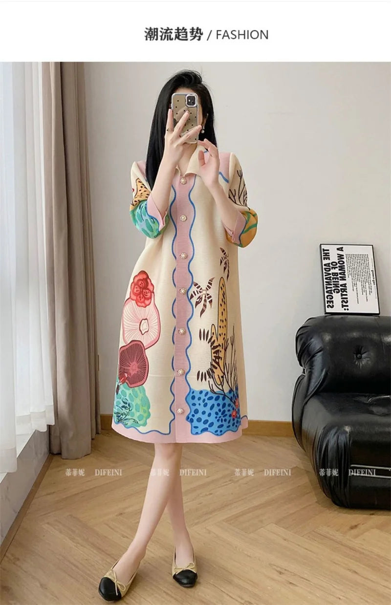 Womens Dresses Evening Dresses Beautiful Lssey Miyake Pleated Dress Summer new Fashion Lapel Loose Slim Long Print Fat mm Skirt