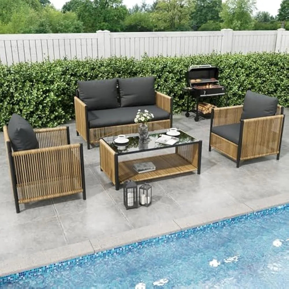 "Patio Furniture Set 4 Pieces, Outdoor 4-Seat Sofa with 2-Tier Coffee Table & Waterproof Thick Cushions – Deep Seating Comfort"