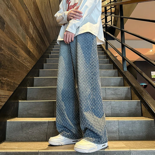 Jeans men Fashion hombre Jacquard Pattern Denim Pants Male Straight Fitting Baggy Bottoms Distressed Wide Jeans For Men