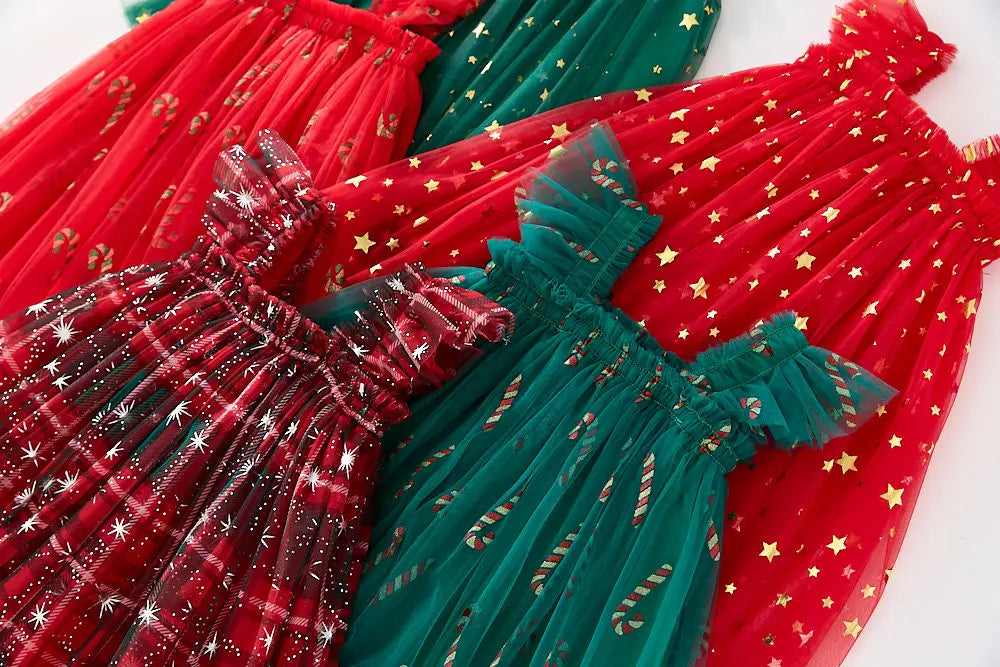 Christmas 2025 Girls Cute Fly Sleeve Star Printed Mesh Puffy Dress Halloween Children Party Photograph Princess Dress 1-6T