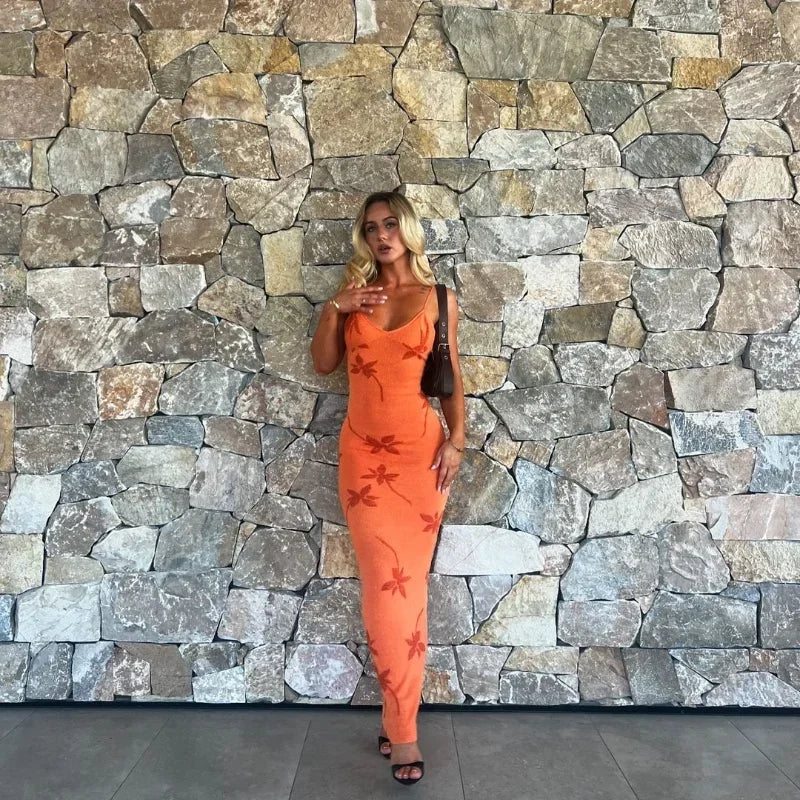 Elegant Sleeveless Long Dress Sexy V Neck Backless Maxi Dresses Women's High Waist Slim Summer Vestidos Lady Printing Robes