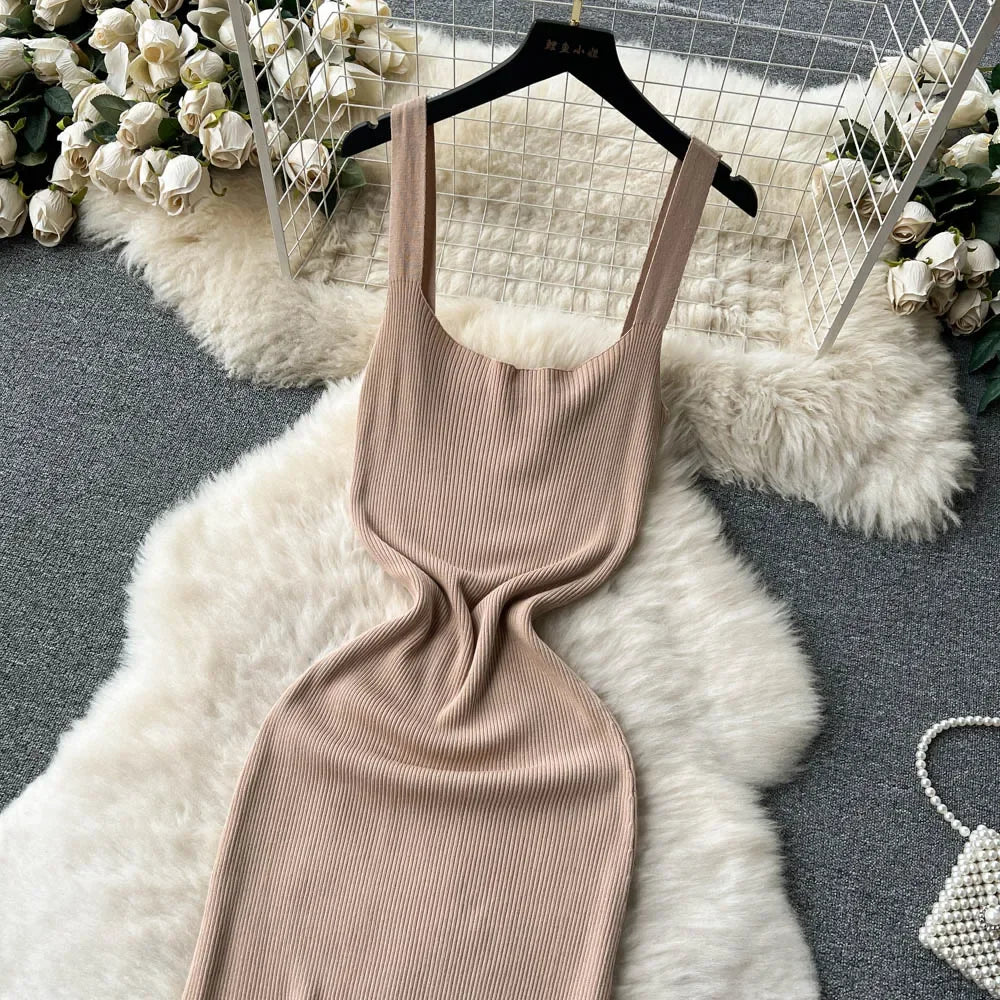 Summer Knit Sexy Strap Dress Women Tank Elatic Waist Bodycon Sundress Female Beach  Backless Maxi Long Dress