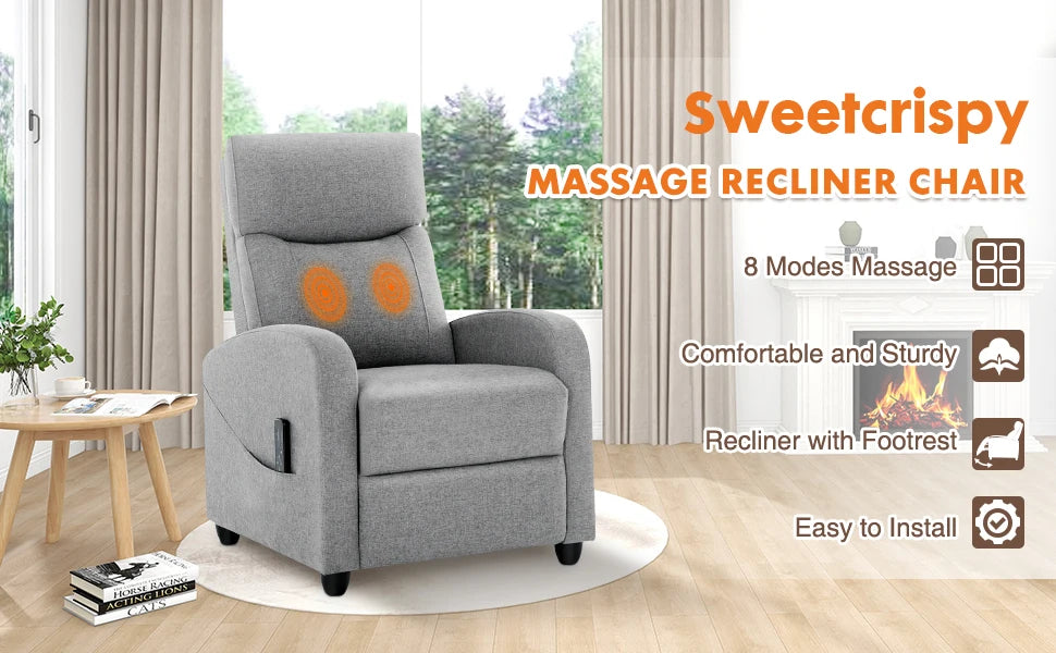 JHK Recliner Chair Massage Sofa Fabric Theater Lumbar Support Adjustable Modern Padded Seat Backrest Living Room Home Grey