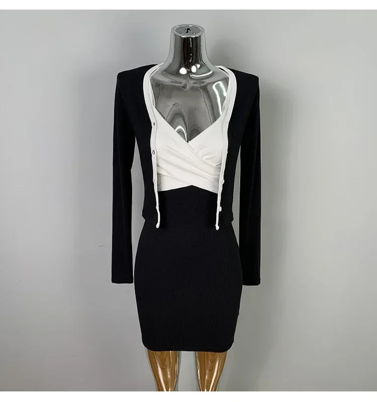 Korean Dongdaemun Slim Fit Sexy Pure Desire Wrap Body Strap Dress Long Sleeve Cardigan Two Piece Set Women's Fashion Outfit