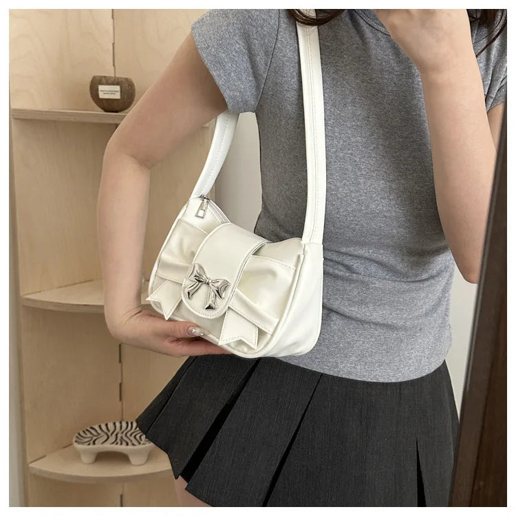 Sweet Bow Small Underarm Bag for Women Fashion PU Leather Ladies Portable Shoulder Bags Solid Color Female Clutch Handbags