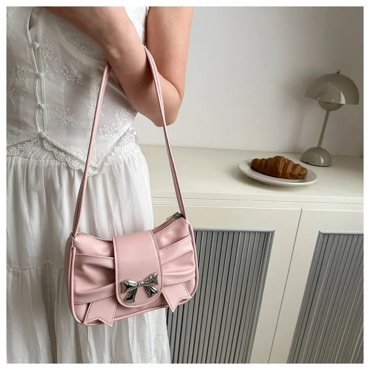 Sweet Bow Small Underarm Bag for Women Fashion PU Leather Ladies Portable Shoulder Bags Solid Color Female Clutch Handbags