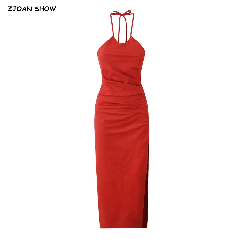 Christmas Dresses Sexy Tie Bow Halter Backless Sling Dress Women Ruched Waist High Side Slit Slim Package Hips Midi Long Robe
