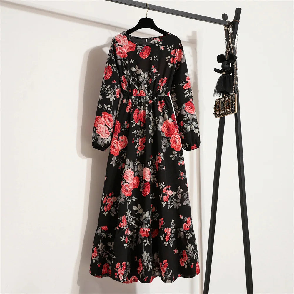 Women Eid Muslim Dresses Dubai Kaftan Tight Waist O Neck Morocco Arab Ruffles Spliced Vestidos Flowers Dress Casual Slim Fit