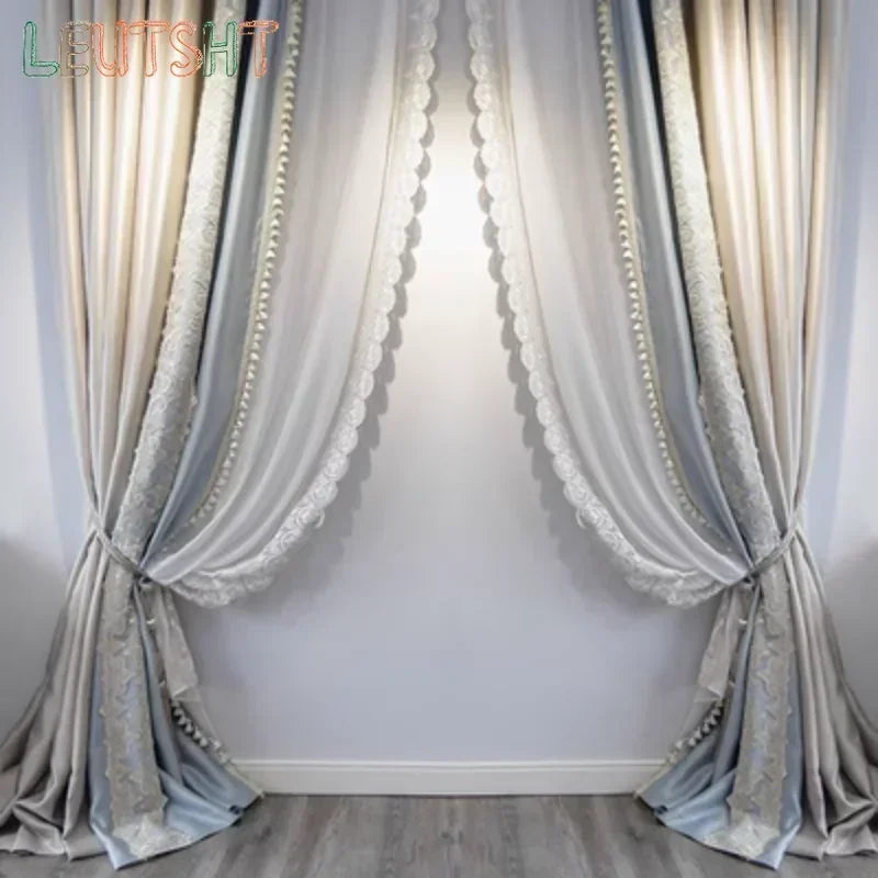 French Curtains for Living room window windbreak Light Luxury High-end Shiny Fabric Pattern High-precision Lace Curtains Window