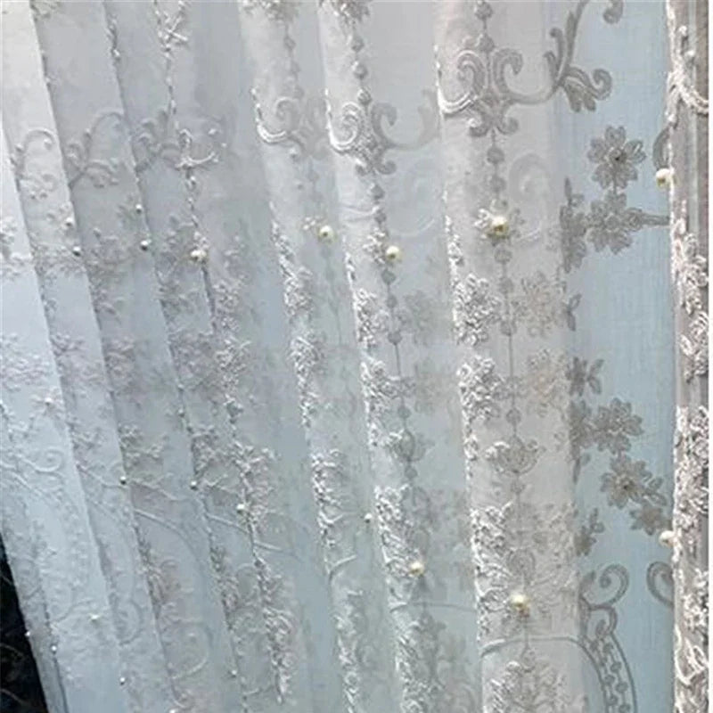 White Elegant Lxury Curtains, Tulle Contain Pearls Embroidery Beads Window Drapes ,Curtain Volie Sheer for Living Room Finished