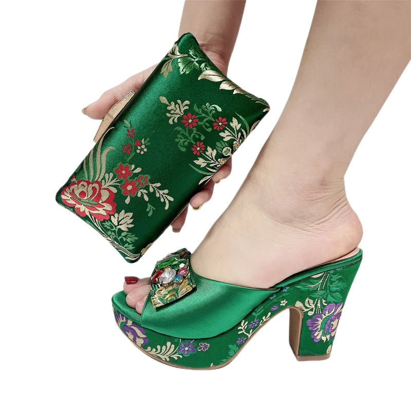Summer Sandals 2023 Newest Pattern Embroidery Pattern Design Green Rhinestone Decoration High Heels Women Party Shoes Bag Set