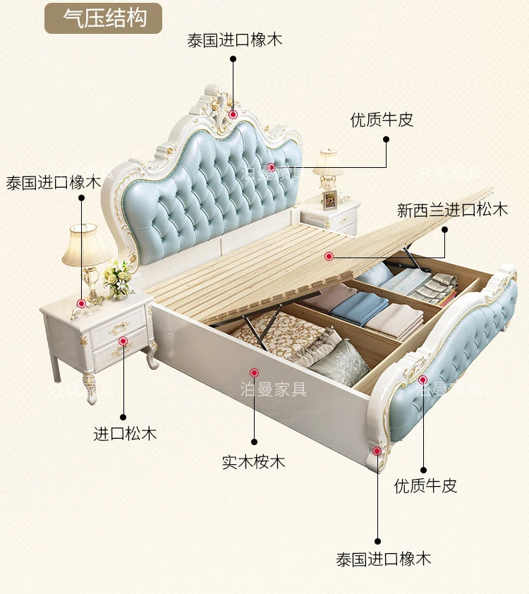 Luxury Couple Bed European Aesthetic Leather Queen Size Princess Bed Storage Space Cama De Casal Luxuosa Modern Furniture