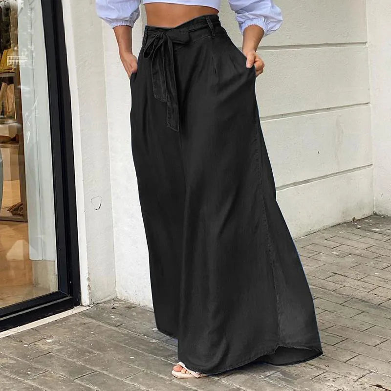 Elegant High Waist Jeans Women Denim Summer Wide-leg Pants Lace-up Solid Female Lage Size Street Casual Trousers Clothing
