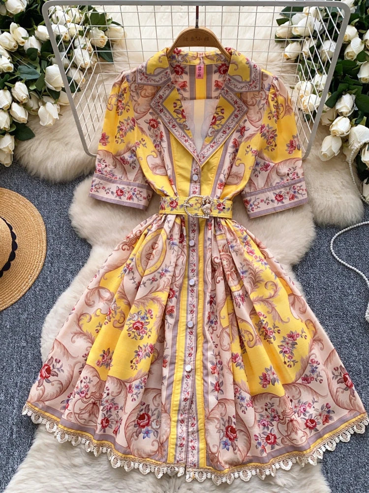 Women Dress Long Dresses A Line Vestidos Turn Down Collar Puff Sleeve Elegant Splice Y2k Streetwear Work Tight Waist 2025