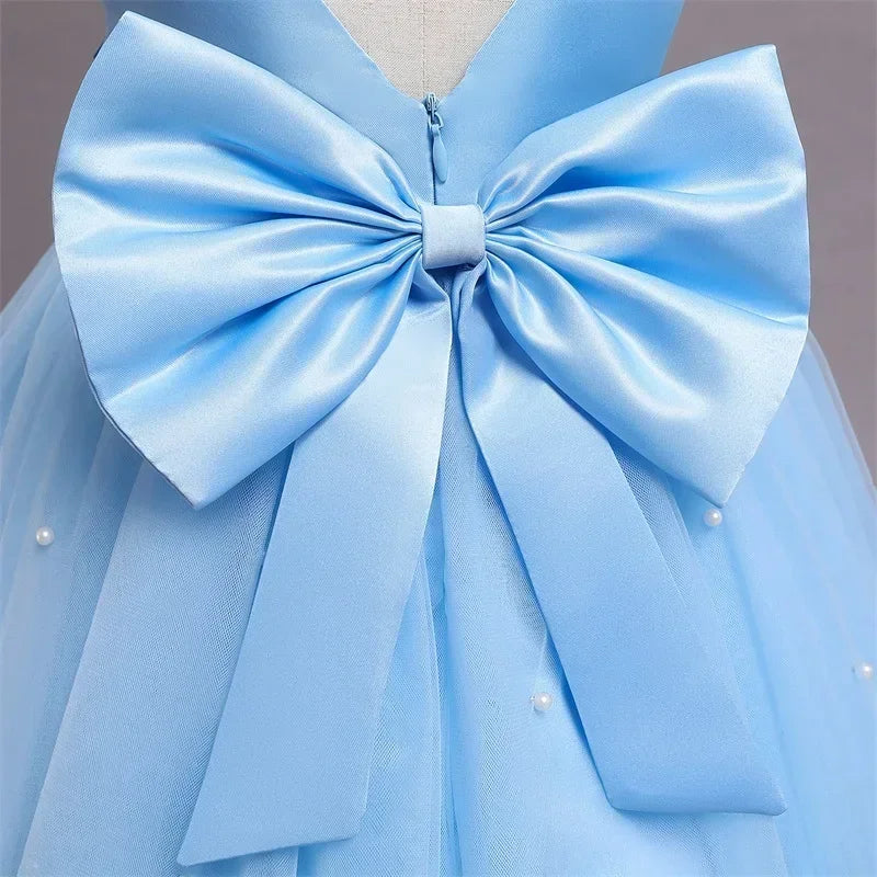 Toddler Girl 1st Birthday Tulle Dress Backless Bow Beading Gown Kids Christmas Wedding Party Princess Dress Baby Girl Dresses