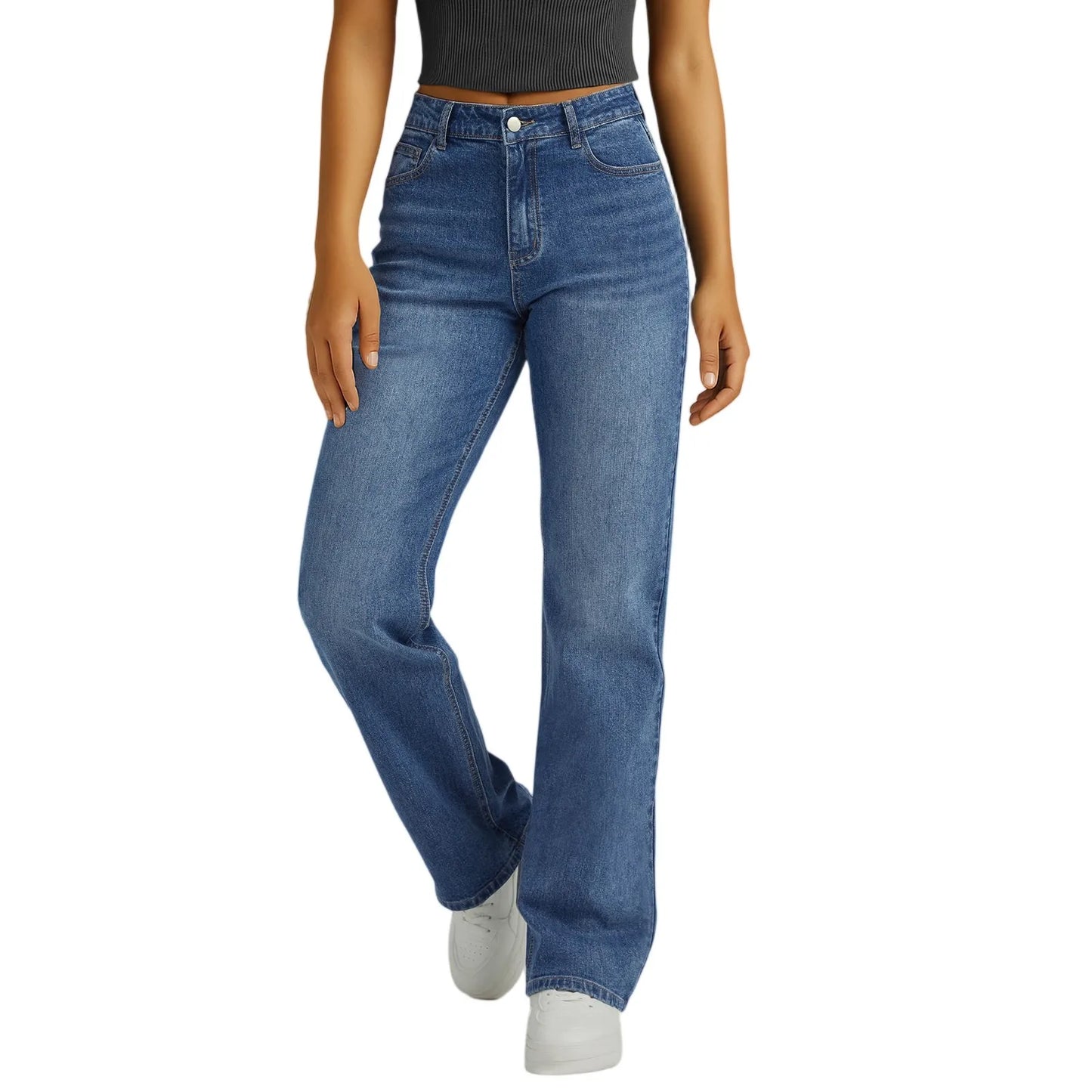 Jeans Women Straight Long Pants Casual Floor Length Mom Pant Blue High Waist Elegant Zipper Fly Pockets Slim Y2k Denim Trousers