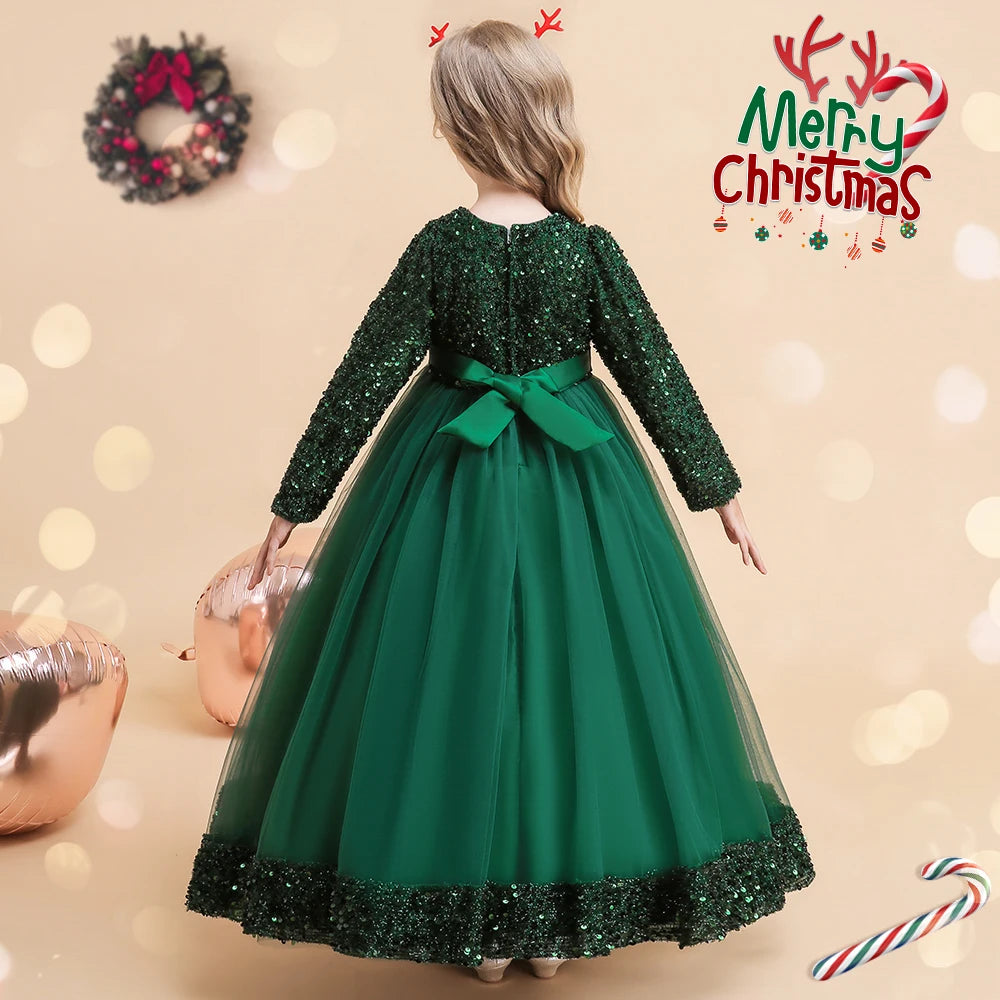 Christmas Princess Dress For Girls Children Costume Long Sleeve Sequin Wedding Evening Vestidos Kids Girl Birthday Party Dresses