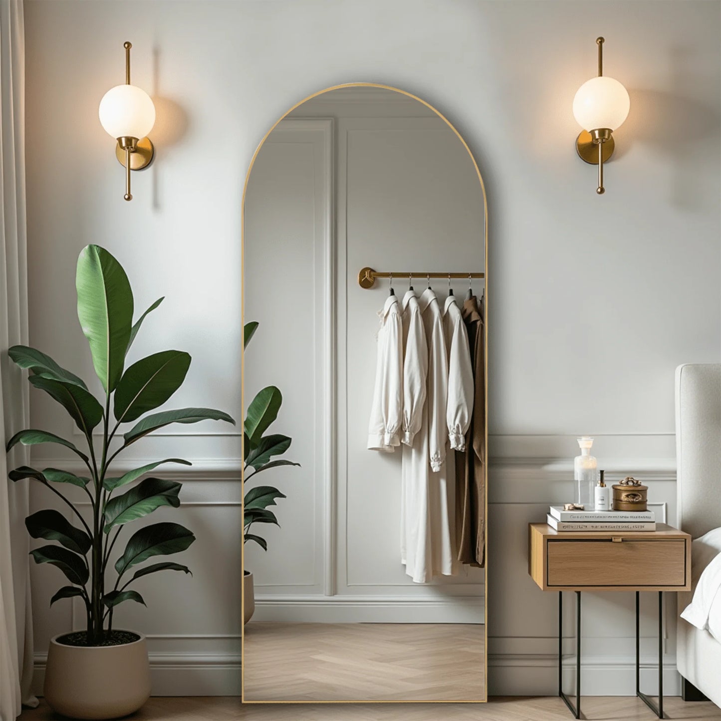 59in Arched Full Length Mirror Standing Floor Mirror Full Body Mirror with Bracket, Aluminum Alloy , Gold