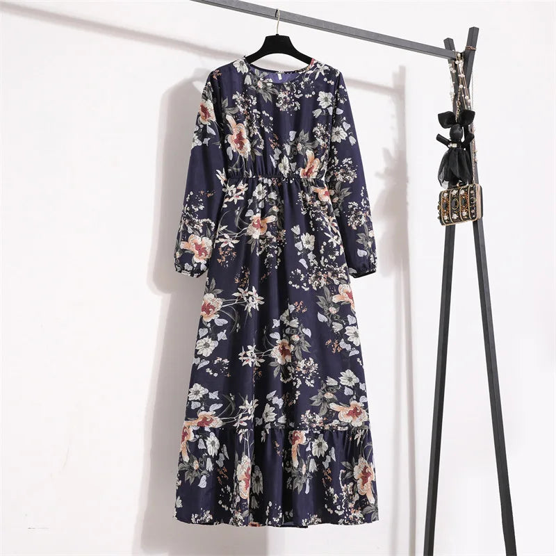 Women Eid Muslim Dresses Dubai Kaftan Tight Waist O Neck Morocco Arab Ruffles Spliced Vestidos Flowers Dress Casual Slim Fit