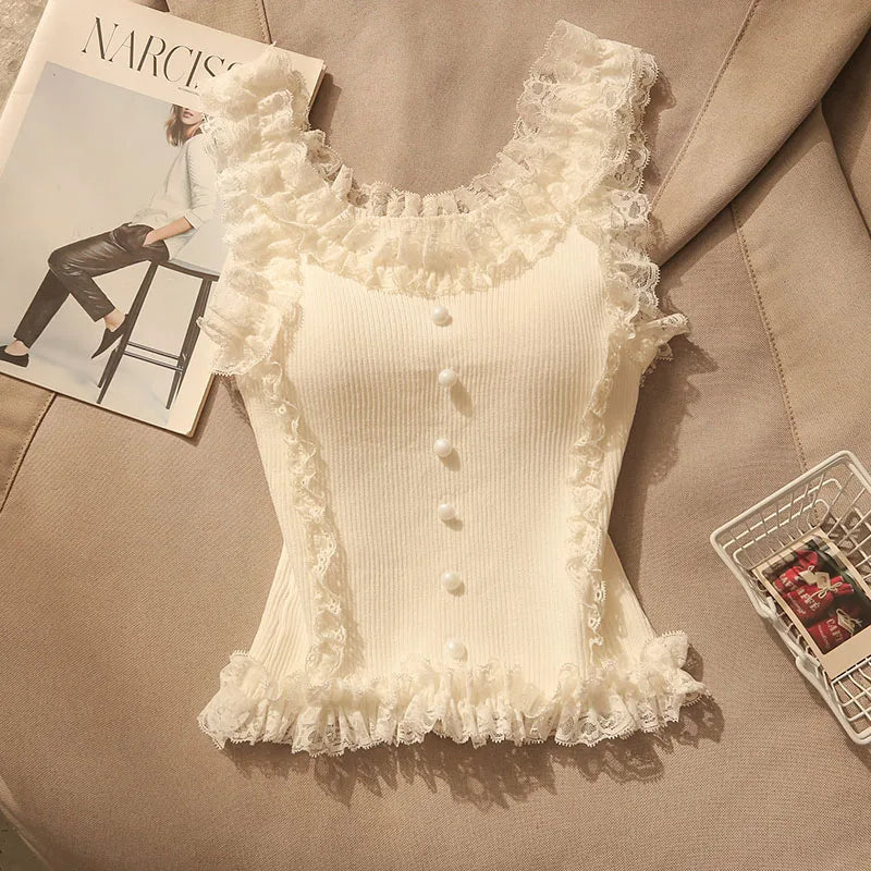 Korean Lace Patchwork Crop Top Women U-Neck Knitted Stretch Tank Top 2025 Summer Female White Lace Stretch Cami
